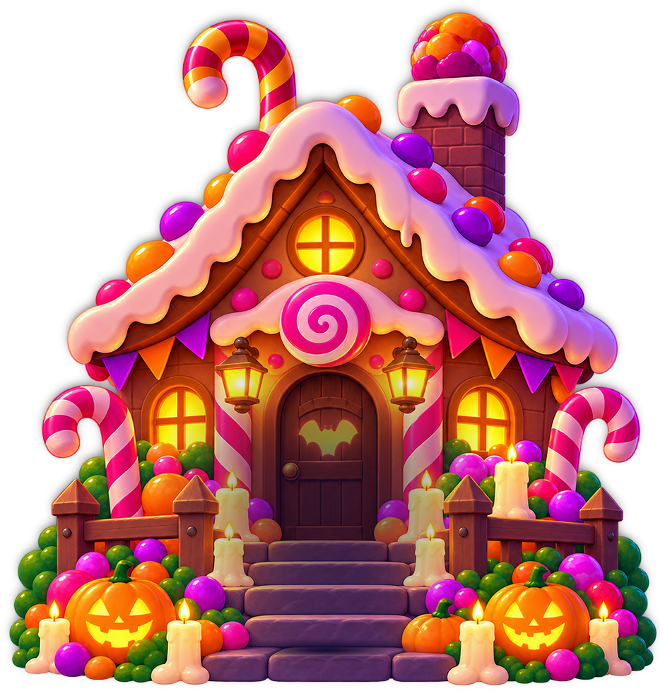 A Halloween candy house surrounded by pumpkins and sweets